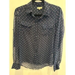 Wyld Hart Women Navy Blue Medallion Print Sheer Button Up Blouse Small RN141357